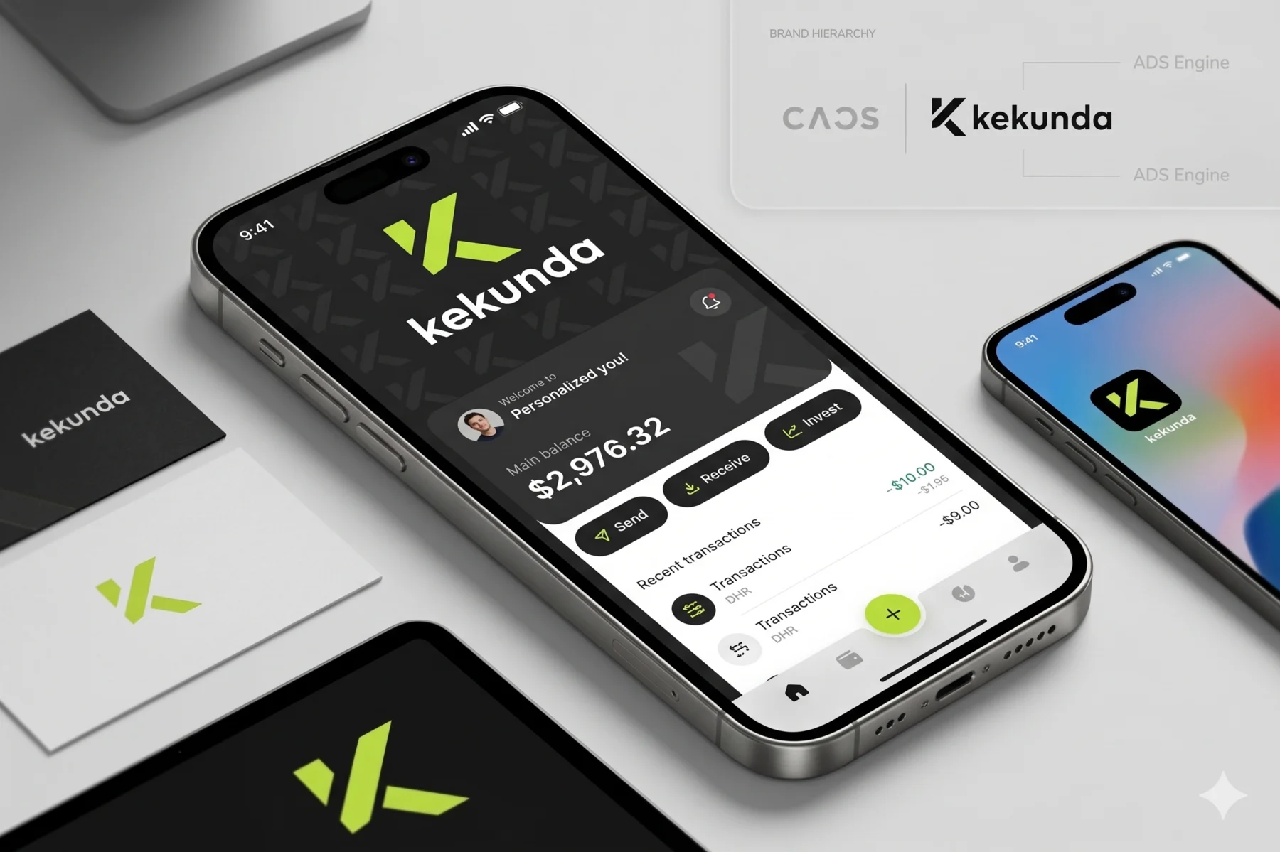 Mockups de la app Kekunda mostrando saldo, descuentos y transacciones